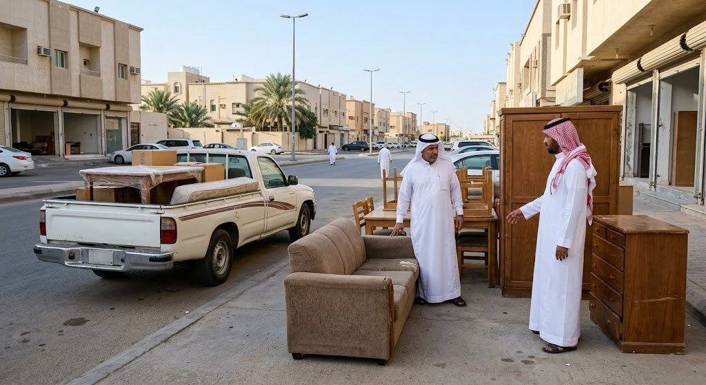 فريق عمل محترف يقوم بتقييم وشراء ونقل الأثاث المستعمل ضمن خدمات شراء الاثاث المستعمل حي اليرموك لضمان تقديم أفضل الأسعار وخدمة سريعة وموثوقة.